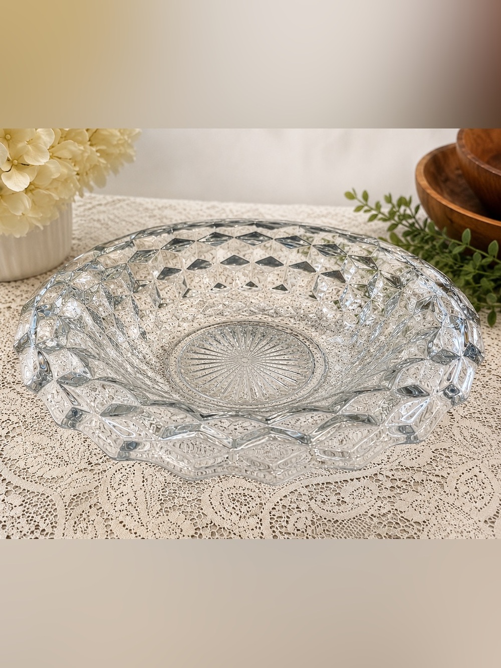 Vintage Clear Pressed Glass Serving Bowl | Diamond Pattern Centerpiece Bowl